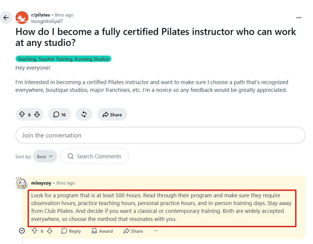 reddit discussion on how to become a Pilates instructor