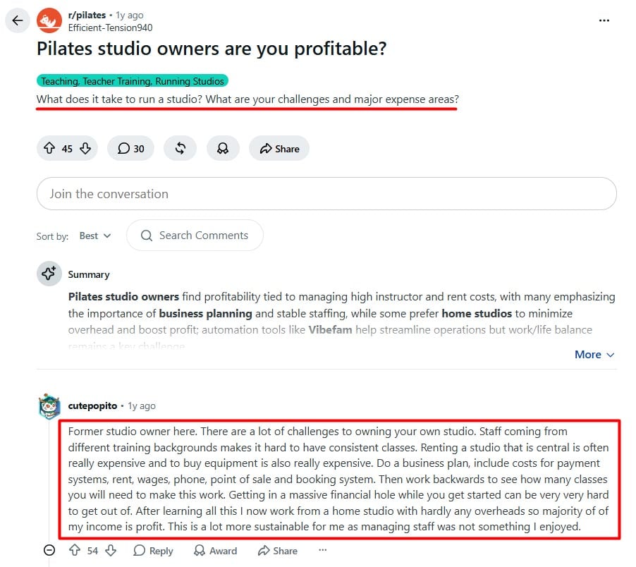 reddit discussions about opening a Pilates studio
