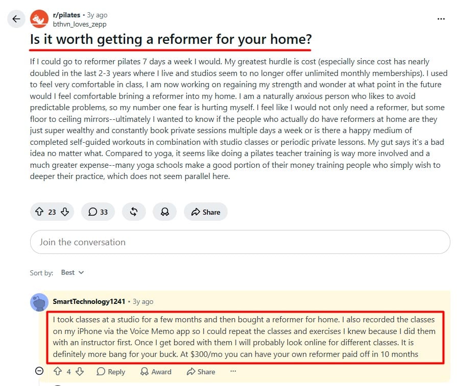 reddit discussion on Pilates equipment for home workouts