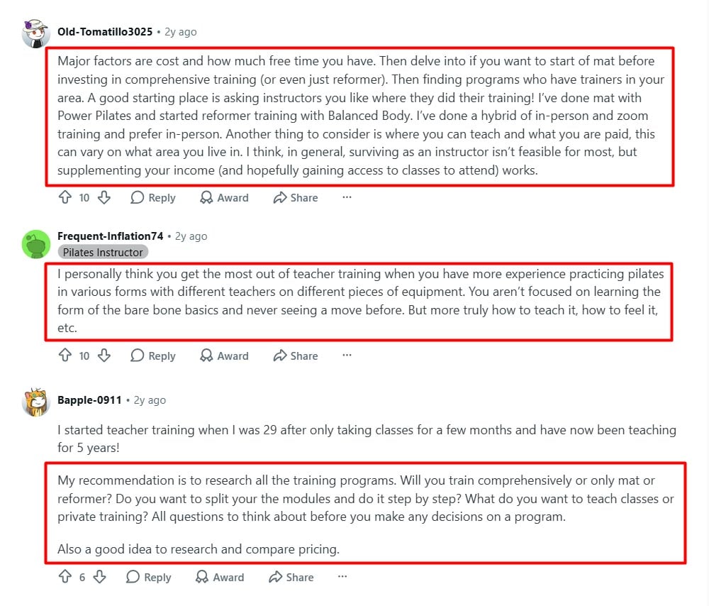 becoming a Pilates instructor recommendations from reddit